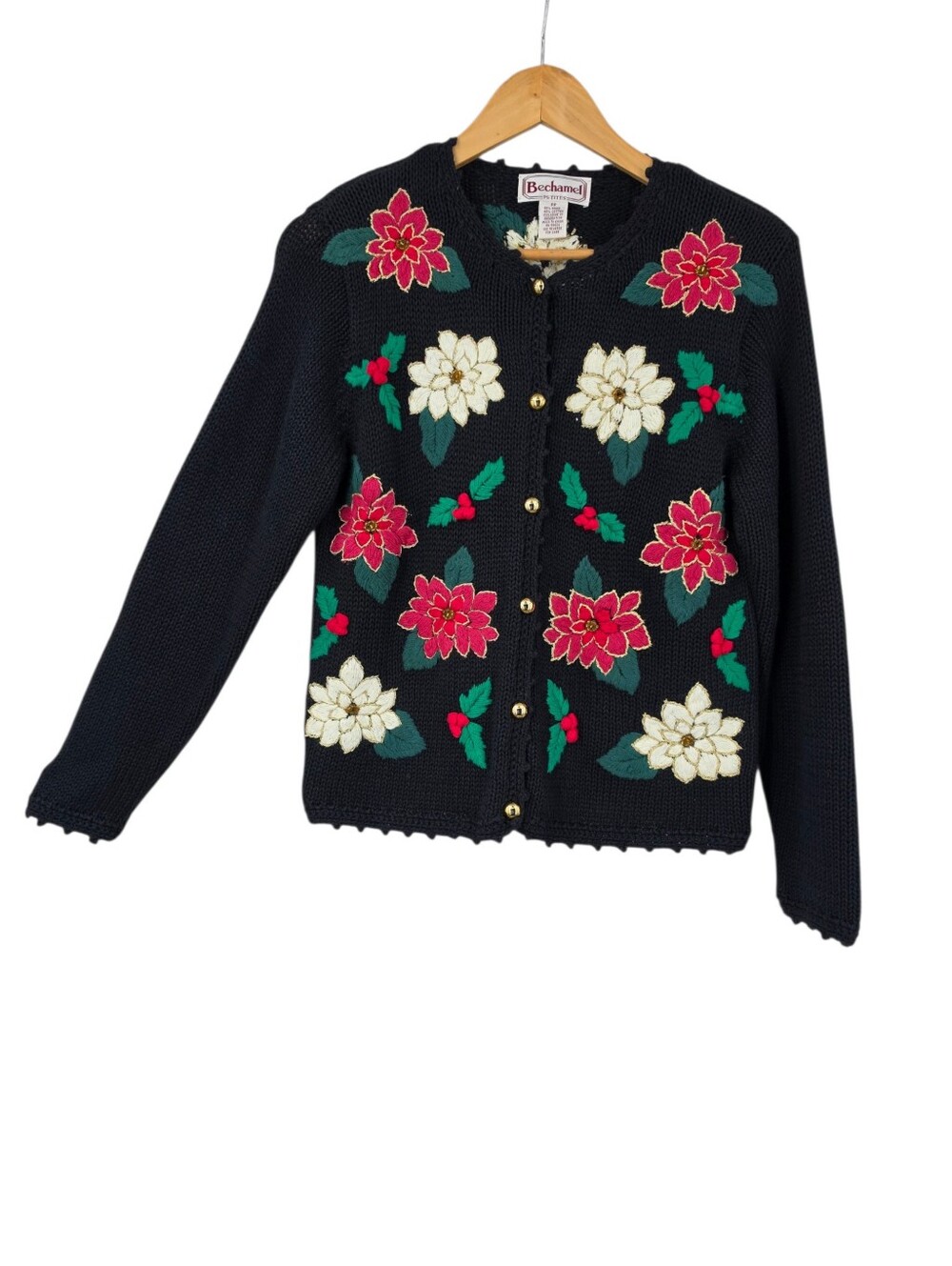 Bechamel Vintage Poinsettia Knit Cardigan Sweater Christmas Holiday Black Red